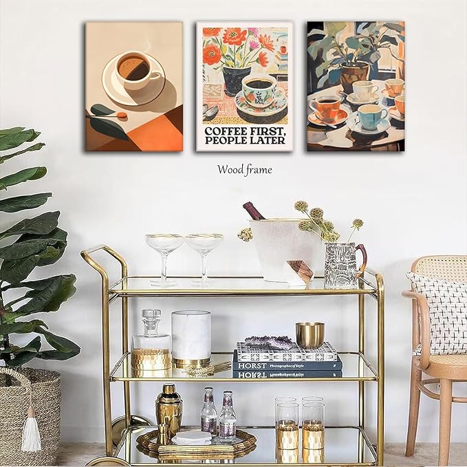 Vintage Coffee Kitchen Canvas Wall Art Set of 3, Fashion Aesthetic Flowers Espresso Poster Picture, Simple Travel Drinks Wall Decor Painting Prints for Dining Room Cafe Bar 12x16 Inch Framed