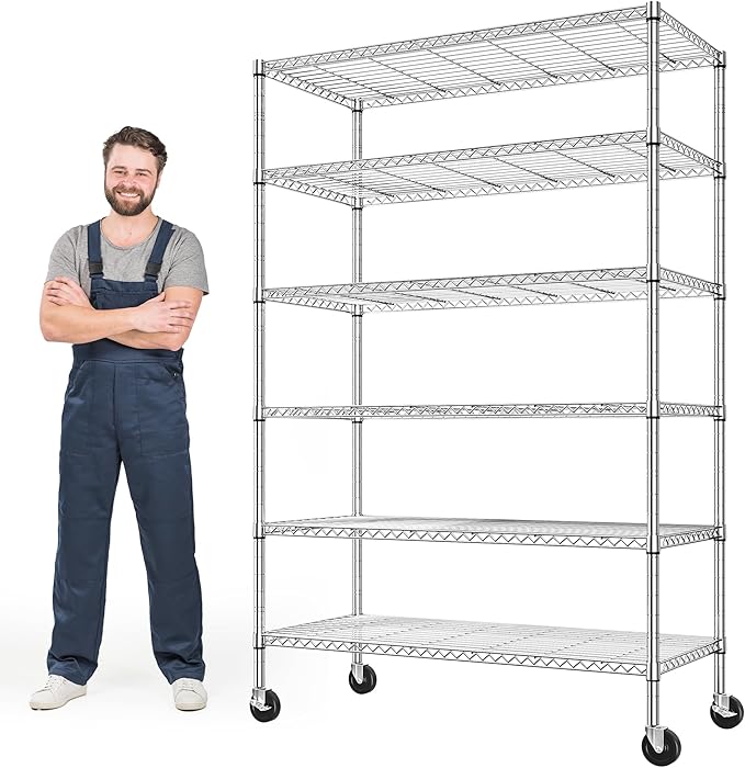 Romorgniz 82" H X45 W X18 D Storage Shelves with Wheels, 6 Tier Wire Shelving Adjustable Metal Shelving Pantry Shelves Capacity 1200LBS for Garage Shelving, Pantry, Kitchen, Closet,Chrome