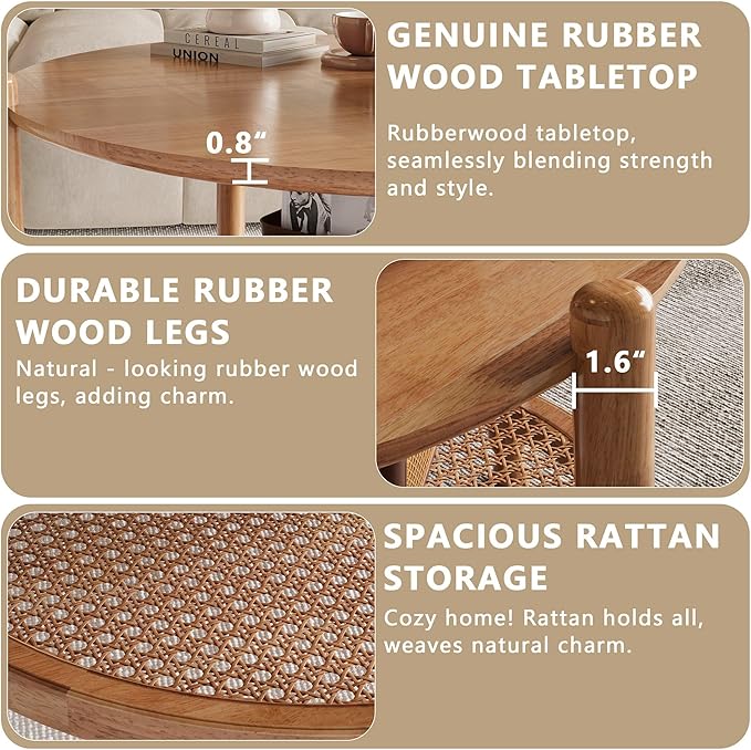 NSdirect 32" Rattan Coffee Table for Living Room, 2-Tier Solid Wood Round Center Table for Home Decor with Boho Woven Rattan Storage Shelf | Modern Farmhouse Design, Easy Assembly, Oak