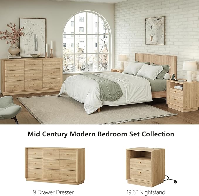 FORTUNETEC Nightstand Set of 2 with Charging Station, Mid Century Modern Nightstand with Wood Grain Texture, Boho End Table with Drawers Storage, Bedside Table for Bedroom Living Room, White Oak
