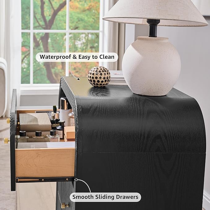 T4TREAM Fluted Dresser with 3 Drawers, 32" Tall Modern Chest of Drawers with Thickened Curved Profile Design, Wood Closet Clothes Storage Organizer for Bedroom, Living Room, Hallway, Black Oak