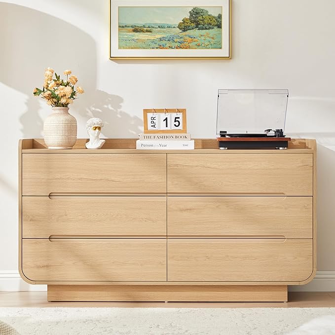 Curved 6 Drawer Dresser for Bedroom, Modern 53-Inch Chest of Drawers, Wood Storage Dresser Organizers with Hidden Handles, 6 Drawer Dressers for Bedroom, Nursery, Living Room, Natural