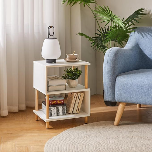 Aibiju White Night Stand with Open Storage Shelf, Wood Nightstand S Shape, Bed Side Table 3 Tier 20 inch high, End Table White/Natural Wood YD-TM152W