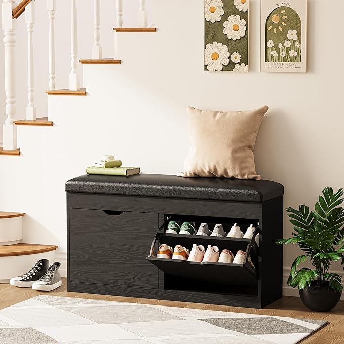 40" Shoe Storage Bench with 2 Flip Drawers & Padded Seat Cushion, Shoe Cabinet with Lift Top Storage Box, Shoe Bench Shoe Organizer for Entryway, Hallway, Living Room, Black