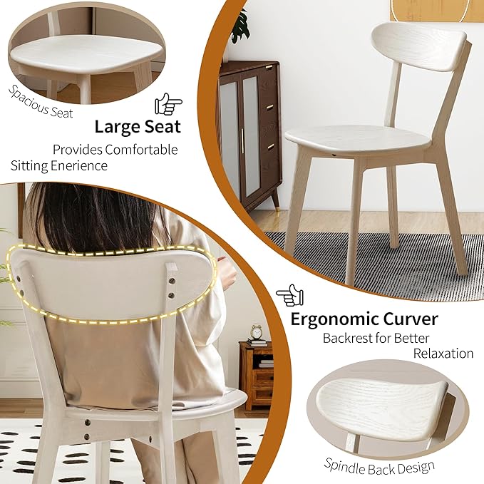 Modern Dining Chairs Set of 4, Solid Oak Wood Dining Chair with Comfortable Backrest, Sturdy Wooden Chairs for Kitchen, Dining Room, White