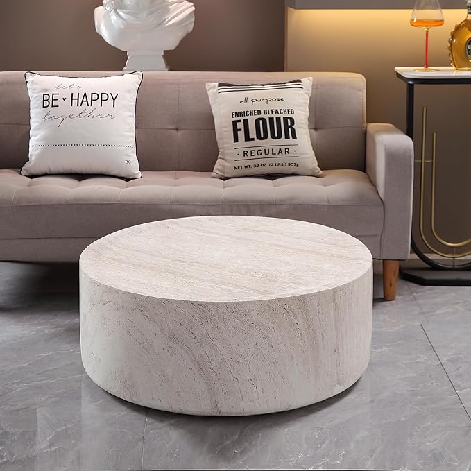 WILLIAMSPACE 31.5" Round Coffee Table in Faux Marble, Modern Circle Faux Stone Center Table Travertine Drum Tea Table for Living Room, Outdoor, Magnesium Oxide, Light Beige