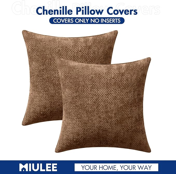 MIULEE Pack of 2 Couch Throw Pillow Covers 18x18 Inch Neutral Golden Brown Boho Accent Decorative Pillow Covers Soft Chenille Farmhouse Cushion Covers for Home Decor Bed Sofa Living Room