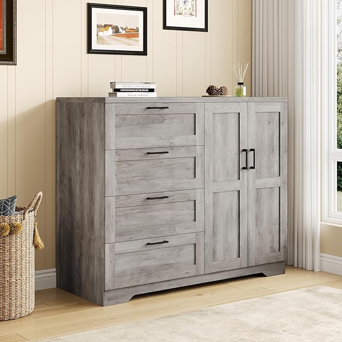IDEALHOUSE 43.3'' H Armoire Wardrobe Closet with 4 Drawers and 2 Doors, Hanging Rod, Multifunctional Wooden Dresser with Storage Closet, Bathroom Cabinet for Bedroom, Gray