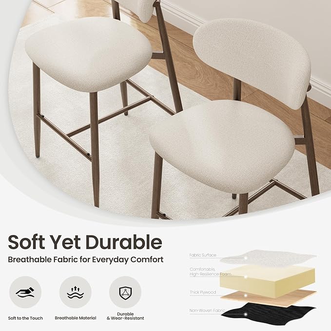 Bar Stools Set of 1, Counter Height bar stools, Kitchen Bar Stools with Backs, Modern Upholstered, Modern Bar Stools with Metal Legs for Kitchen Island, Counter, Beige