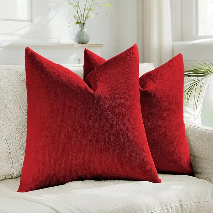 HAUSSY Red Throw Pillow Covers 18x18 Inch Set of 2,Boho Decorative Faux Linen Throw Pillows Cozy Farmhouse Accent Cushion Covers,Home Decor for Couch Sofa Bed Living Room