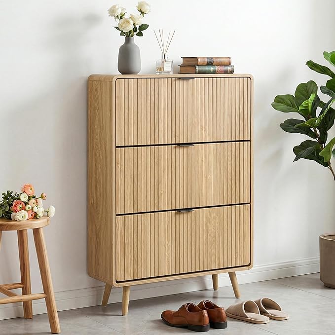 FurSch Fluted Shoe Storage Cabinet with 3 Flip Drawers, Narrow Shoe Rack Cabinet Organizer with Adjustable & Removable Shelves for Entryway (All Natural, 3 Drawers)