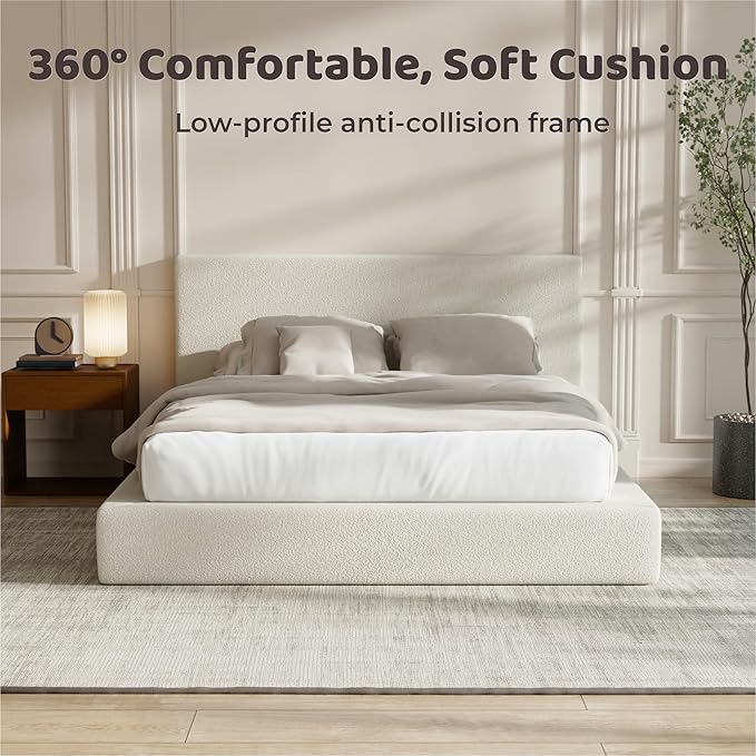 RECCI AirFrame Queen Bed Frame with Headboard, Cloud Upholstered Platform Bed Frame, 5 Inch Foam Cushioned, No Box Spring, Easy Assembly(Cream Boucle)