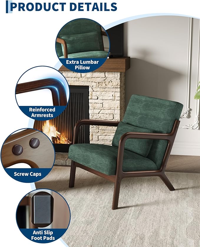 Garvee Mid-Century Modern Accent Chair, Chenille Upholstery, Solid Wood Armchair with Removable Lumbar Pillow, Sturdy Reading Chair for Living Room, Bedroom, Guest Room, Easy Assembly, Green