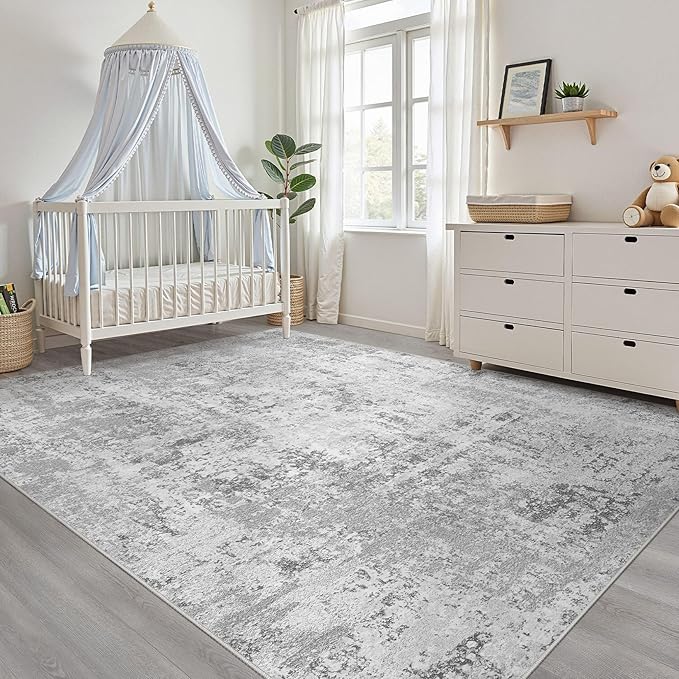 5x7 Area Rug Living Room: Washable Large Neutral Rug Abstract Soft Modern Stain Resistant Indoor Floor Non-Slip Carpet for Bedroom Nursery Kids Office Playroom Dining Room Under Table Home- Light Gray