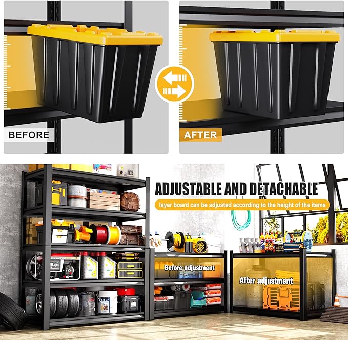 Set of 4 Garage Shelving 5-Tier Heavy Duty Storage Shelves, Adjustable Metal Shelving Unit, Utility Garage Organizer Shelf for Basement, Pantry, Kitchen, Warehouse,15.7" Dx35.4 Wx71.2 H, Black