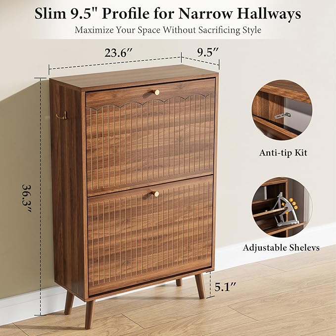Nicetree Shoe Cabinet Storage for Entryway, 9.5" Narrow Shoe Organizer with Architectural Arched Fluted Front, Slim Shoe Rack with Adjustable Shelves,Fits Size 12 Shoes,Timeless Walnut