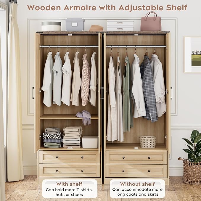 Brafab Armoire Wardrobe Closet with 2 Modern Doors Set of 2, 71" Tall Freestanding Closet Wardrobe Cabinet with Drawers and Hanging Rail, Wooden Storage Cabinet with Shelve for Bedroom, Natural