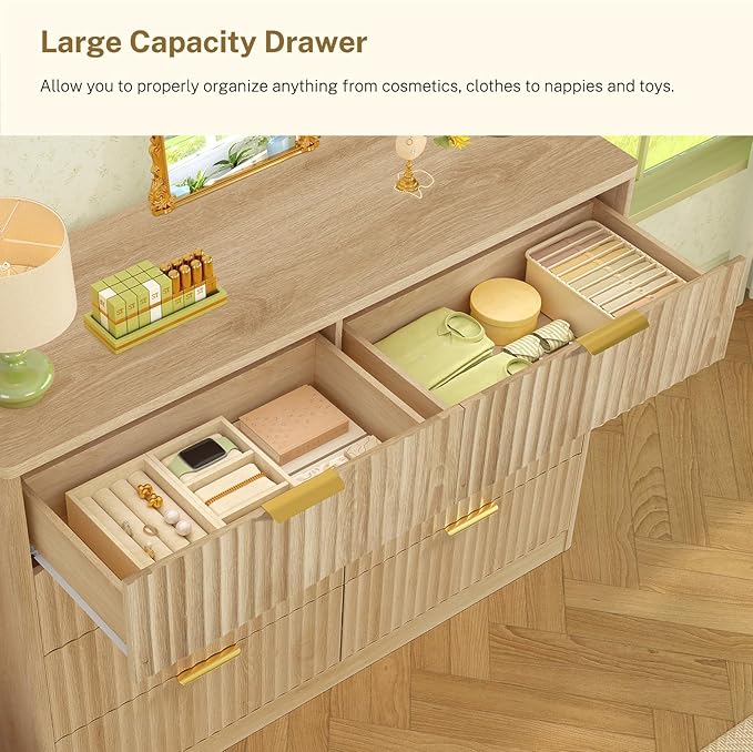 TEENOFN Fluted Dresser for Bedroom with 8 Drawers, 47.2" Wide Modern Chest of Drawers with Metal Handle, Dresser TV Stand, Wood Closet Clothes Storage Organizer for Living Room, Hallway, Natural