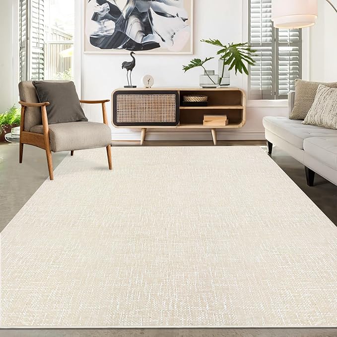 RUGSREAL 8x10 Washable Rug for Living Room Non-Slip Modern Abstract Area Rug Stain Resistant Large Bedroom Rug Contemporary Accent Throw Floor Carpet Solid Rug for Dining Room Home Decor, Cream
