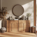 BELLEZE Sideboard Cabinet with 3 Drawers, Set of 2 Modern Wood Buffet Cabinet with Arc Design, Large Fluted Sideboard with Storage for Dining Room Living Room Entryway, Camel