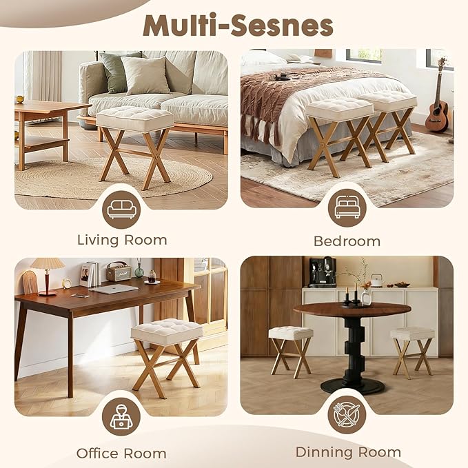 Modern Square Foot Stool Ottoman, Upholstered Vanity Chair with Metal X-Legs & Soft Linen Fabric - Versatile Seat and Footrest for Makeup, Living Room, Bedroom & Entryway(X-Yellow-White)