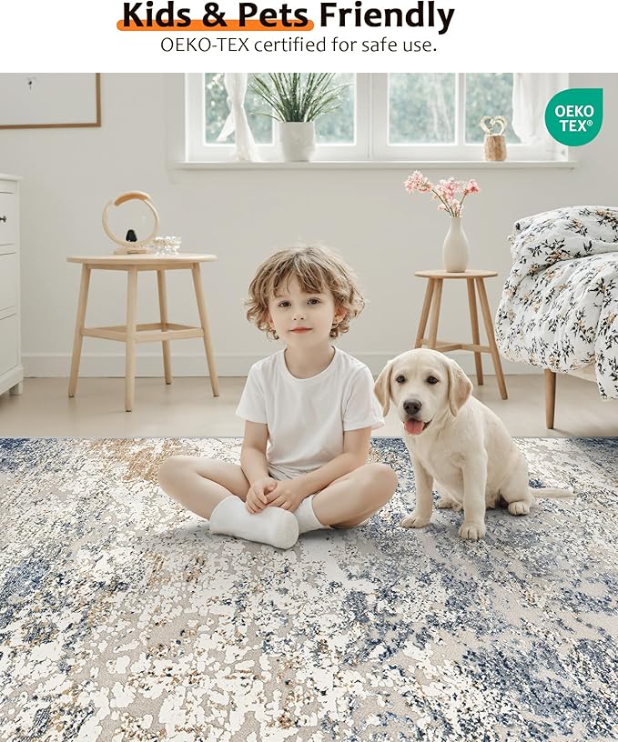 Art&Tuft Washable Rugs 4x6, Anti-Slip Backing Abstract 4x6 Area Rug, Stain Resistant Rugs for Living Room, Foldable Machine Washable Area Rug (4'x6', Blue)