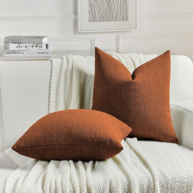 FUTEI Rust Chenille Decorative Throw Pillow Covers 22x22 Inch Set of 2,Soft Cozy Faux Linen Textured Cushion Case,Farmhouse Home Decor for Couch Living Room