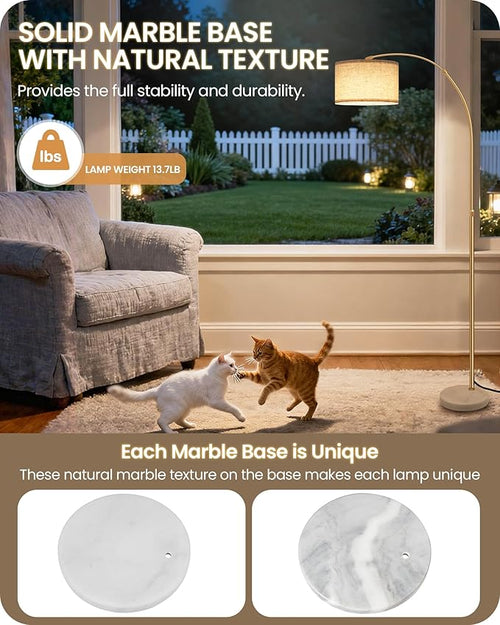 75" Arc Floor Lamp with Marble Base and Adjustable Height, Rotating Hanging Shade, Dimmable Gold Floor Lamp for Living Room with Remote and Foot Switch, 3 Color Temperatures, Timer, DE15LD05