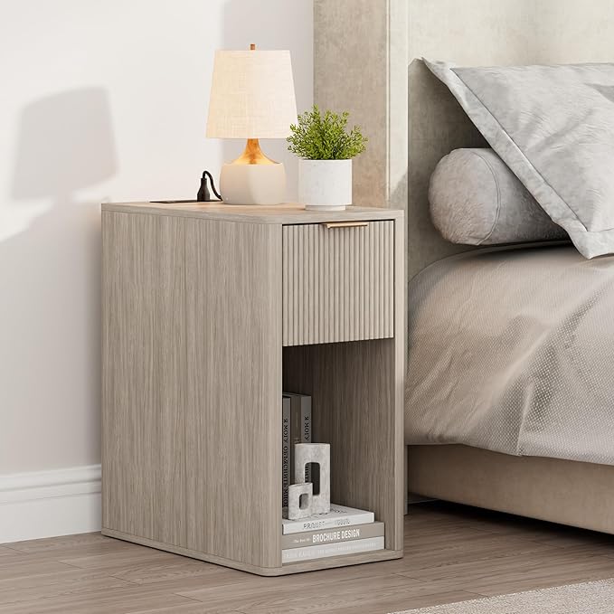 Homleke Narrow End Table with Fluted Drawer and Charging Station, Small Nightstand with USB Ports & Outlets, Bedside Table for Bedroom or Living Room, Modern Accent Table, Light Gray Birch