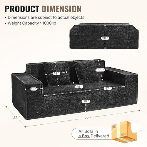 77'' Modern Cloud Loveseat Sofa in Chenille, Deep Seat Boneless Couches Includes 2 pcs Pillows for Living Room, Bedroom, Apartment(Black)