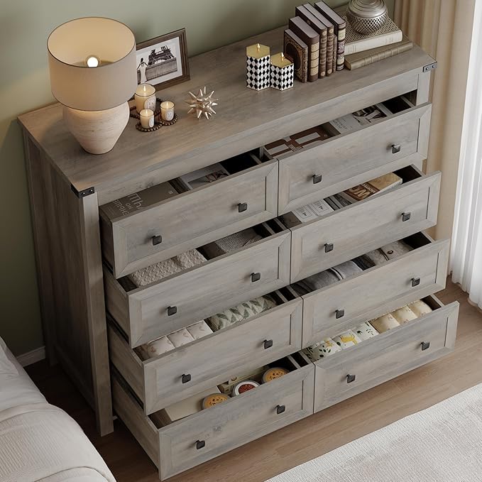 BORNOON Tall 8-Drawer Dresser, Modern Wooden Storage Chest of Drawers, Dresser TV Stand, Wood Drawer Organizer with Metal Handles for Bedroom, Living Room, Hallway