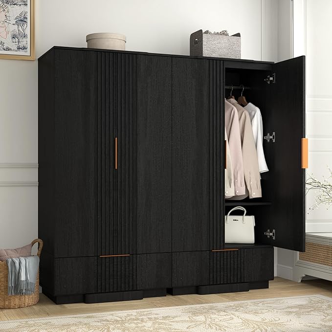 Yechen 67" Fluted Armoire Wardrobe Closet with Doors and Drawer, Wooden Wardrobe Closet Cabinet with Adjustable Shelve, Modern Small Armoires Storage Clothes, Coats for Bedroom, Black