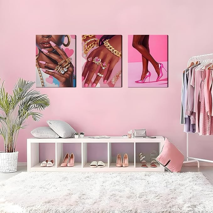 Framed Pink Black Girl Wall Art Set of 3, African American Black Women Canvas Prints Poster, Fashion Gorgeous Girl Paintings Pictures Artwork for Bathroom Bedroom Living Room Wall Decor 12x16 Inch