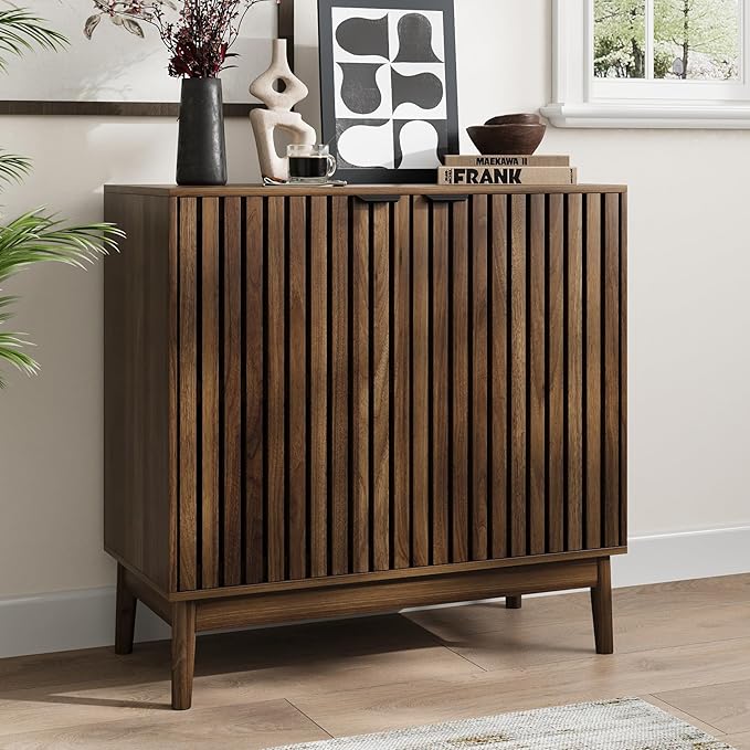 Kiasthome Wooden Sideboard Buffet Cabinet with Slatted Ventilation Doors & Adjustable Shelf, Sideboard Cabinet Storage Cabinet with Ample Storage for Dining Room Entryway (Walnut)