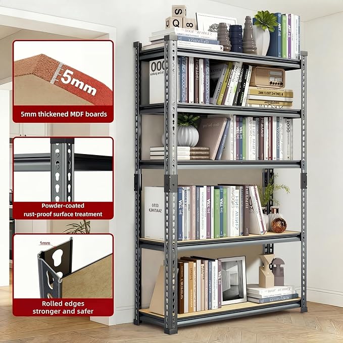 Garage Shelving Heavy Duty, 2450LBS Metal Storage Shelves 5 Tier, Adjustable Shelving Unit 36" W x 16" D x 72" H, Boltless Garage Storage Rack for Garage Basement, Pantry, Warehouse 2Pcs