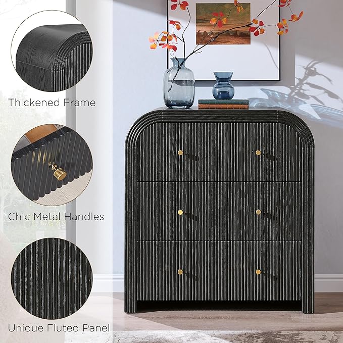 T4TREAM Fluted Dresser with 3 Drawers, 32" Tall Modern Chest of Drawers with Thickened Curved Profile Design, Wood Closet Clothes Storage Organizer for Bedroom, Living Room, Hallway, Black Oak
