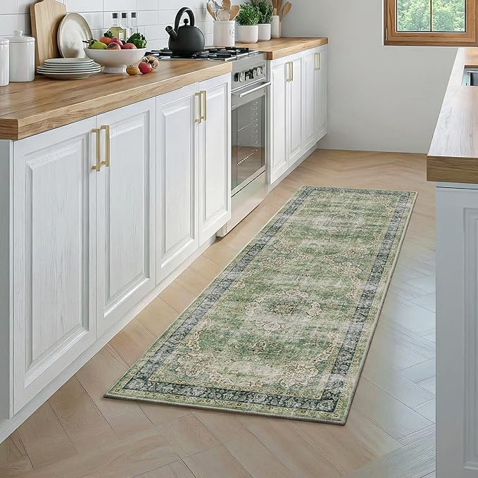 FMFUNCTEX 2x6 Hallway Runner Rug Green Vintage Washable Distressed Oriental Non Slip Low Pile Neutral Indoor Carpet Retro Antique Thin Entryway Rug for Kitchen Bedroom Bedside Laundry Entry Bathroom