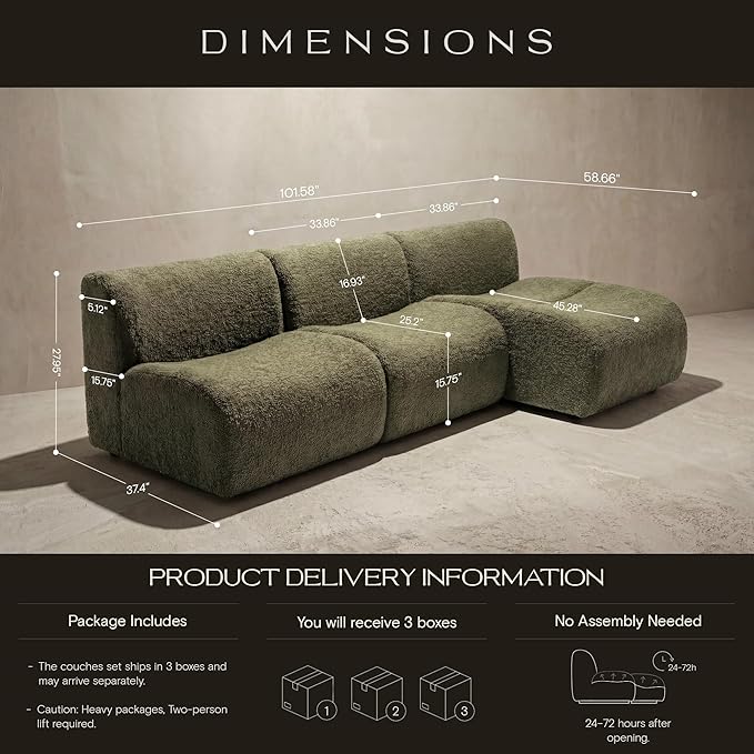 Curved Modular Single Sofa Chair, 33" Foam Boneless Sherpa Couch, Comfy Teddy sofas for Small Spaces, Modern Sectional Couches for Living Room, Bedroom, Apartment, Dorm, Office– No Assembly, Green