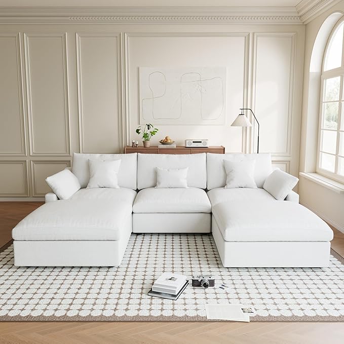119" U Shape Cloud Modular Couches for Living Room, Modern Sectional Sofa with Chaise Ottomans, Deep Seat Couch Cushion Covers Washable&Removable, Sectional Sofas for Home Office Apartment (White)