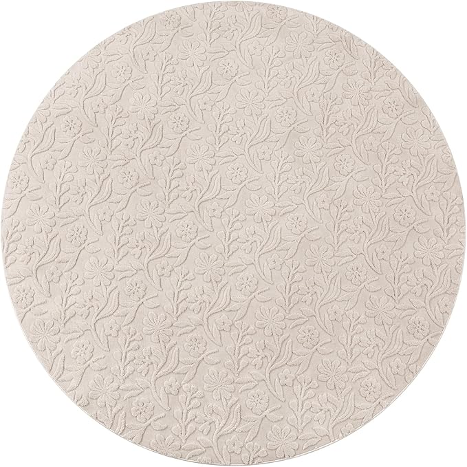 Vaukki Round Rug for Living Room, Soft Fluffy Washable Modern Floral Indoor Floor Mat, Non Slip Shaggy Boho Accent Throw Carpet for Bedroom, Living Room, Nursery and Dining Room, Beige, Round-6Ft