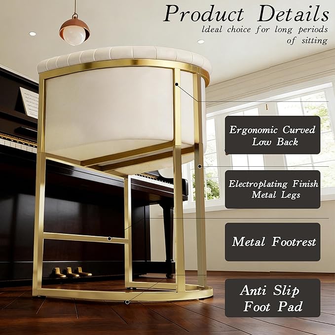 Modern Counter Height Bar Stools,Bar Stools Set of 1,Fabric Upholstered Barrel Barstools with Backs and Arms,26'' Kitchen Island Chairs,Mirror Champagne Gold Base/Beige White Linen