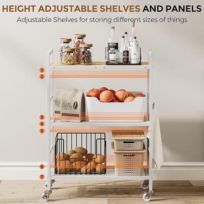 3-Tier Metal Storage Rack with Industrial Wheels,Mesh Shelving Unit with Wooden Table top,Adjustable Shelf,23.6-Inch Width,15.8-Inch Depth, for Kitchen, Laundry,Pantry,Plant,white