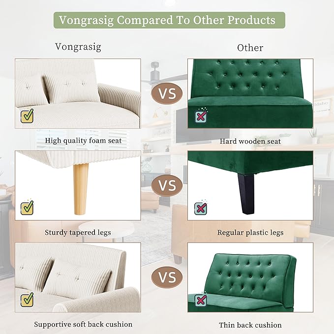 Vongrasig 48" Small Modern Loveseat Sofa, Mid Century Soft Corduroy Fabric 3-Seat Sofa Couch Tufted with Back Cushions and Tapered Legs for Living Room, Bedroom and Small Space, White