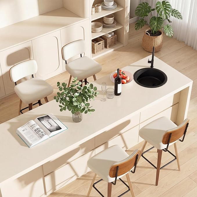 Swivel Bar Stools Set of 4, 26" Faux Leather Upholstered Counter Height Barstools with Back & Bentwood Legs, Mid Century Modern Bar Chairs Island Stools for Kitchen Counter, Cream White
