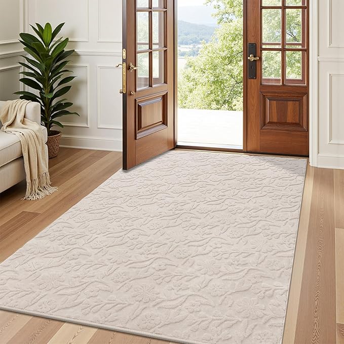 Vaukki 4x6 Area Rug for Living Room, Soft Fluffy Washable Modern Floral Indoor Floor Mat, Non Slip Shaggy Boho Accent Throw Carpet for Bedroom, Living Room, Nursery and Dining Room, Beige