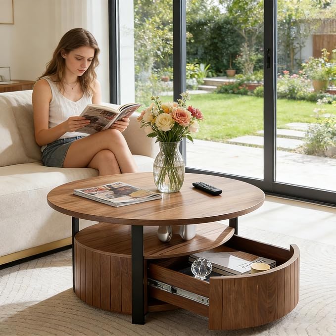 33.07" Round Coffee Table with Storage, 2 Tier Modern Wood Center Table with Drawer, 2 Tiers and 1 Drawer, Accent Table for Living Room, Apartment, Small Space.(Walnut)