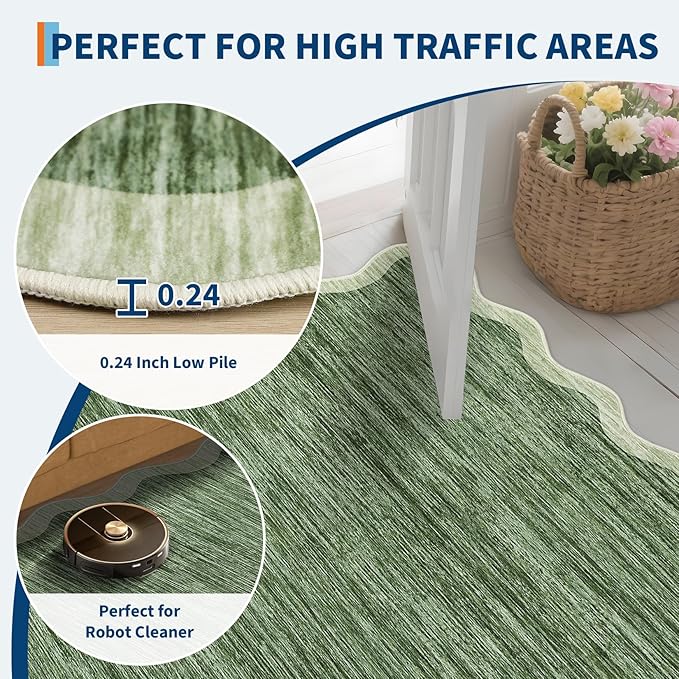 GarveeHome Scalloped Washable Rugs 8x10 Area Rugs for Living Room Modern Non Slip Throw Rugs Large Rug for Bedroom Low Pile Non Shedding Stain Resistant Carpet for Dining Room 8'x10' Green