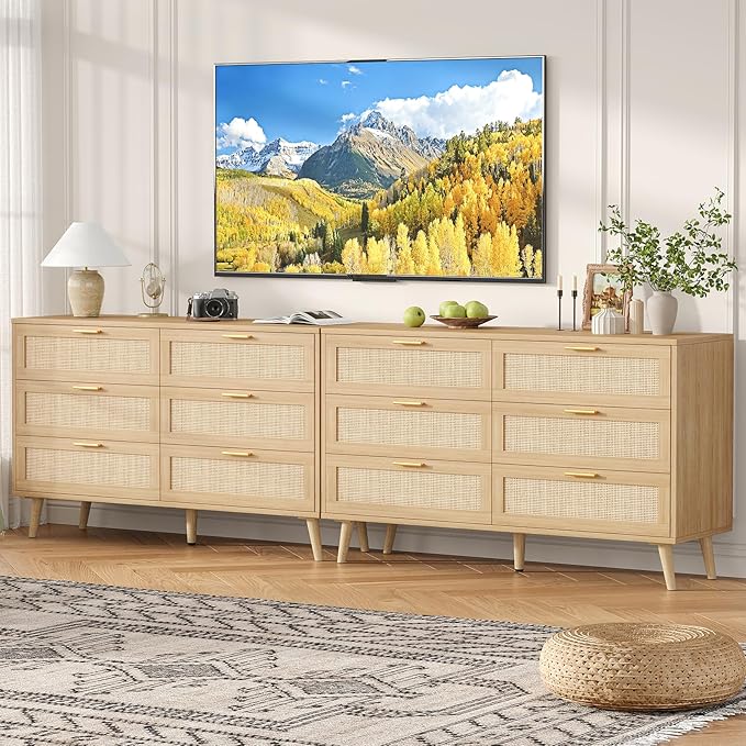 Rovaurx Rattan 6 Drawer Double Dresser for Bedroom, 47.2" Wide Boho Chest of Drawers, Modern Wooden Dresser Chest with Golden Handles, Beside Table for Closet, Living Room and Entryway, Natural Oak