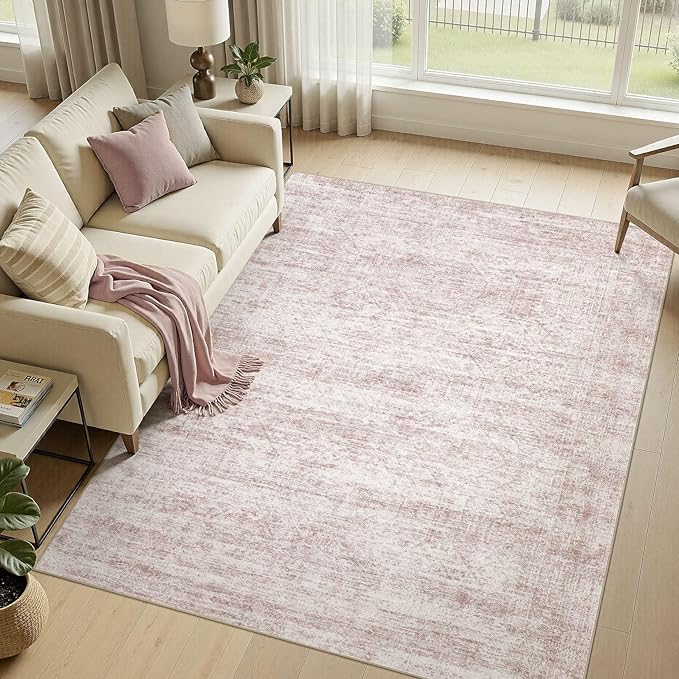 cotiled Large Area Rugs for Living Room 5x7, Machine Washable Rugs with Non Slip Backing Modern Neutral Abstract Rugs Stain Resistant Distressed Carpets for Home Office Decor (5x7 Pink)
