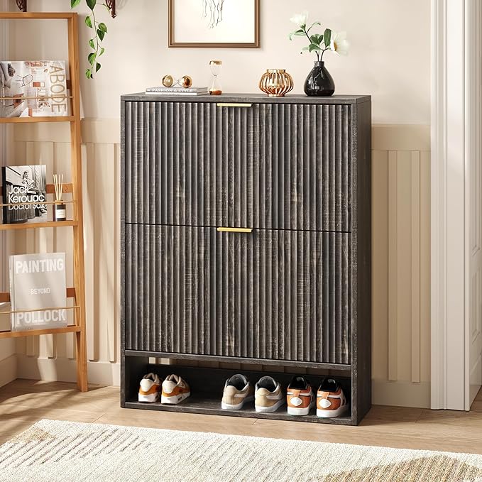 Hootata 31.5''W Black Shoe Storage Cabinet for Entryway with 2 Flip Drawers, Fluted Slim Shoe Cabinet, Free Standing Wooden Shoes Organizer for Foyer, Hallway
